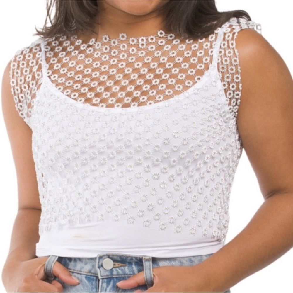 NWT House of Harlow white crystal floral mesh top shirt small s